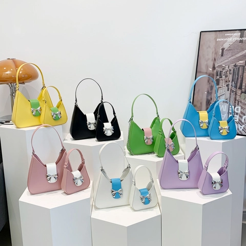 Women Fashion Bow Saddle Bag 2024 New Korean Contrast Color PU Leather Underarm Bag Single Shoulder Handbag For Daily Commuting