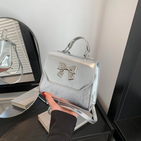 Fashion Women Bowknot PU Leather Small Square Bag Designer Shoulder Crossbody Handbag Stylish Mini Top Handle Tote Purse