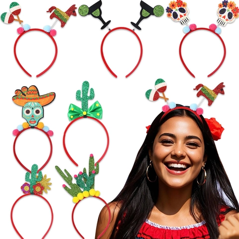 Lot de Serre-tête Fiesta Mexicaine Décorations de Fête Cinco De Mayo Cactus Sombrero Crâne Paillettes Pompons Accessoires de Cheveux