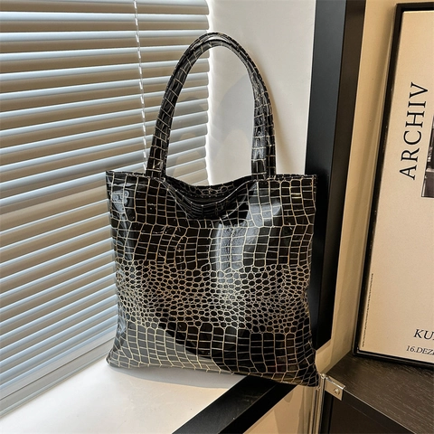Damen Mode Krokodilmuster Große Kapazität Tote Bag Glänzende PU Leder Schultertasche Für Pendeln Täglich Street Style