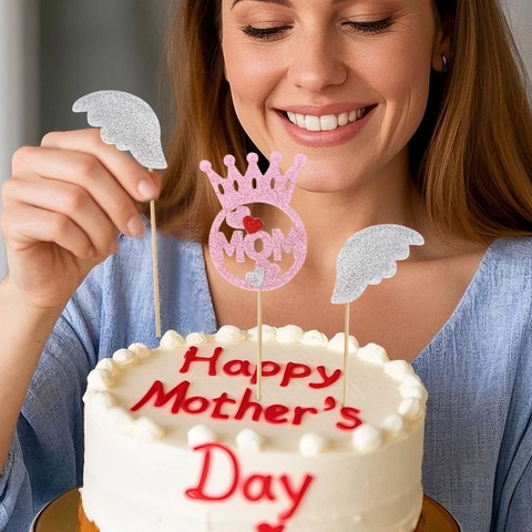 Set Decorazioni Torta Glitter Festa della Mamma MOM I Love MOM Cuore Corona Floreale Topper per Dessert per Festa
