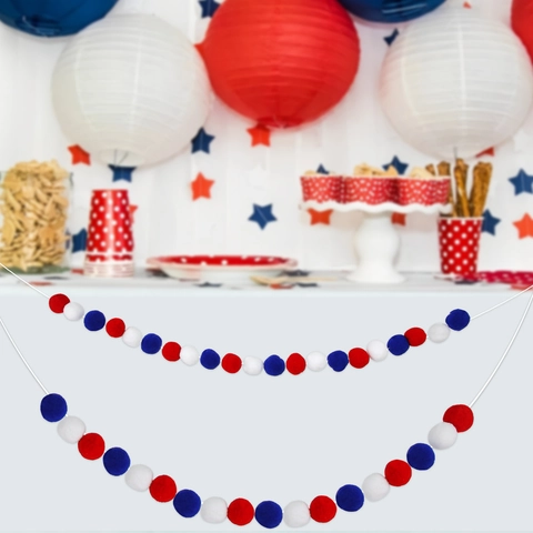 Red White Blue Pom Pom Garland Plush Ball Banner For 4th Of July Independence Day Party Home Decor Hanging Ornament 2m