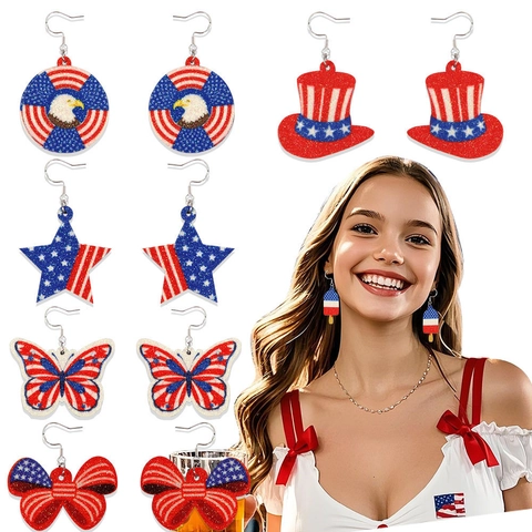 Unabhängigkeitstag Patriotische US Flagge Glitzer Ohrringe Rot Weiß Blau Sterne Streifen Adler Hut Schmetterling Bogen Kostüm Party Schmuck
