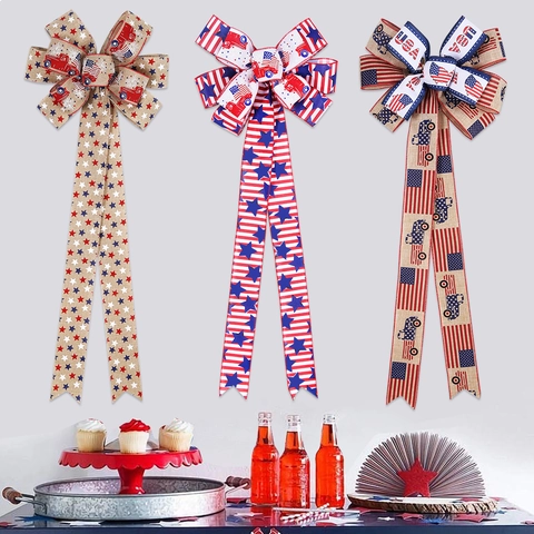 Independence Day Patriotic Bow Decoration Large Polyester Stars And Stripes Bowknot For US National Day Party Home Decor Wreath Ornament