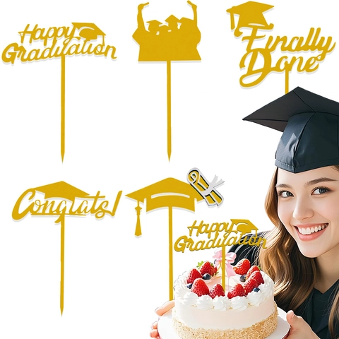 Cake Topper Laurea in Oro Specchio Acrilico Tocco Academico Happy Graduation Finally Done Congrats per Decorazione Festa