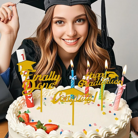 Cake Topper Laurea in Oro Specchio Acrilico Tocco Academico Happy Graduation Finally Done Congrats per Decorazione Festa