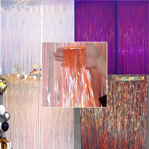 Laser Iridescent Tinsel Curtain Fringe Foil Backdrop For Birthday Wedding Party Decoration Holographic Streamers Decoration