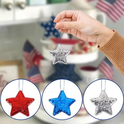 Glitter Patriotic Star Ornaments Set Red Silver Blue July 4th Hanging Decorations For Independence Day Party Home Decor