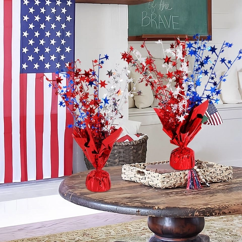 USA Independence Day Star Spray Centerpiece Red Silver Blue Foil Fountain Tabletop Decoration Fourth Of July Party Decoration