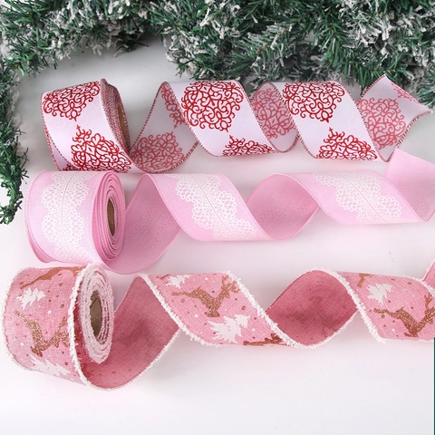 Christmas Reindeer Printed Wired Edge Ribbon Pink White Faux Linen Festive Decoration Ribbon For Gift Wrapping Holiday Home Decor