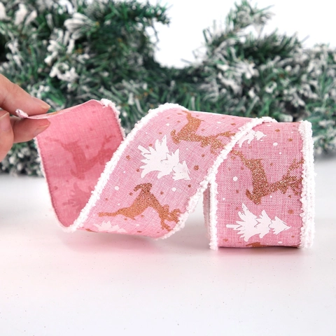 Christmas Reindeer Printed Wired Edge Ribbon Pink White Faux Linen Festive Decoration Ribbon For Gift Wrapping Holiday Home Decor