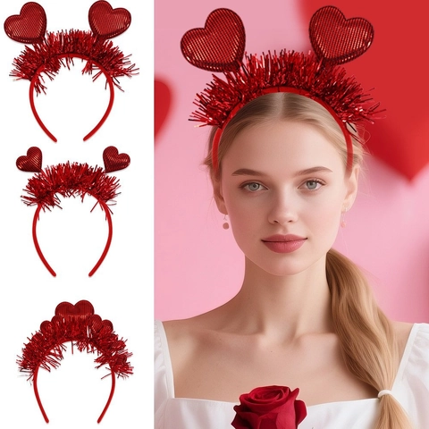 Red Heart Headband With Tinsel Glitter Elastic Hair Hoop For Valentine's Day Party Photo Props Women Girls Festive Accessories
