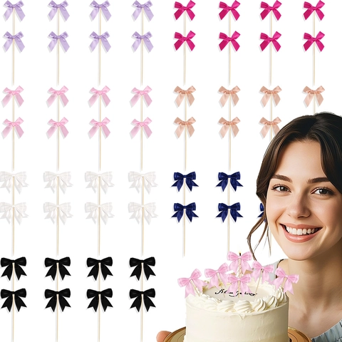 Polyester Ribbon Bow Cake Toppers With Wooden Sticks Satin Bow Cake Decorations For Birthday Wedding Party Dessert Decor