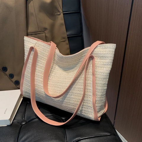 Damen Stroh Gewebte Einkaufstasche Große Kapazität Kontrast PU Leder Schultertasche Sommer Strand Urlaub Casual Handtasche