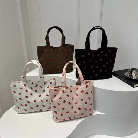 Women Japanese Aesthetic Corduroy Strawberry Print Large Capacity Tote Bag Sweet Cute Underarm Shoulder Bag School Handbag
