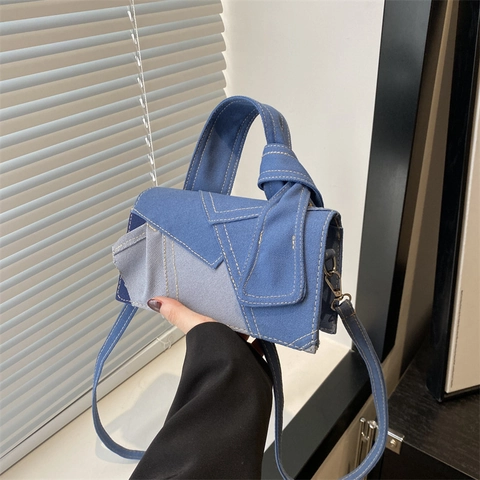 Borsa a Tracolla in Tela di Denim Patchwork Per Donna Manico Annodato Cuciture a Contrasto Borsa Minimalista Geometrica a Spalla