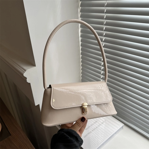 Bolso de Axila Retro Minimalista para Mujer Cuero de PU de Charol Brillante Bolso Baguette Color Sólido Bolso de Hombro Con Hebilla de Metal