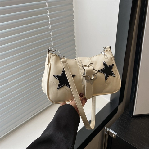 Borsa Sottobraccio da Donna con Decorazione a Stella Y2K Pelle PU Borsa a Tracolla Fibbia a Stella Cuciture a Contrasto Moda