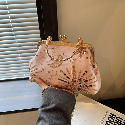 Sac de Soirée Vintage Brodé de Paillettes Lune et Étoiles Avec Poignée en Métal Chaîne Luxe Femme Sac Bandoulière Kiss Lock