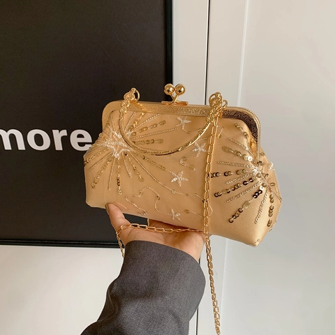 Vintage Pailletten Stickerei Abendtasche Für Damen Metallrahmen Clutch Mit Kettenriemen Elegante Party Hochzeit Handtasche