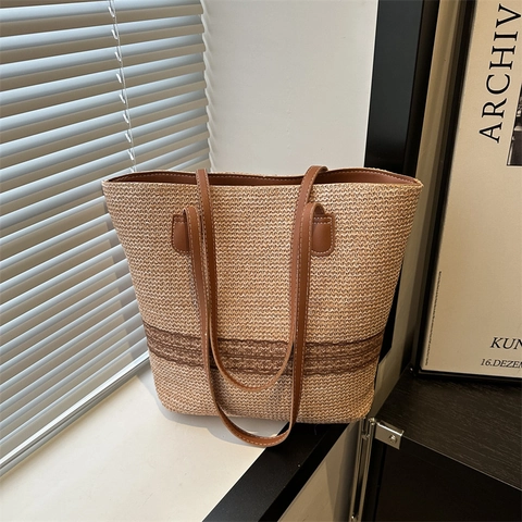 Borsa Tote in Paglia Intrecciata da Donna Grande Capacità Estate Spiaggia Borsa a Tracolla Casual con Pizzo Borsa da Vacanza