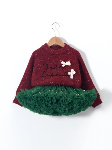 Ensemble de Pull en Tricot et Jupe Tutu pour Filles Noël Nœud Papillon Brodé Jupe Rouge Vin Tenue de Fête pour Enfants