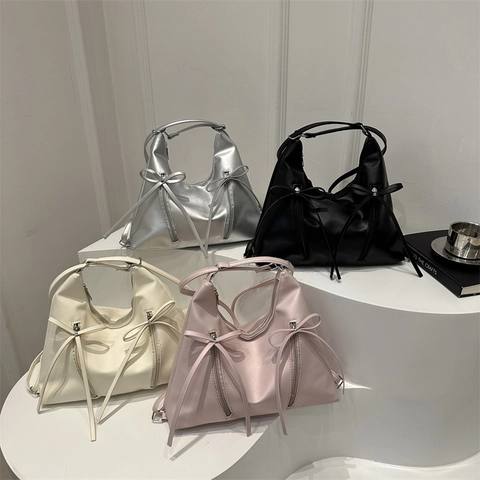 Fashion Bowknot PU Leather Shoulder Bag Trendy Large Capacity Bucket Bag Solid Color Tote Handbag Crossbody Bag For Women Daily