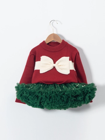 Kids Girls Christmas Bow Knitted Sweater And Mesh Tutu Skirt Outfit For Holiday Festive Party Wear