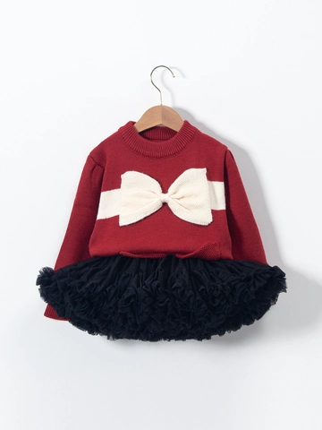 Kids Girls Christmas Bow Knitted Sweater And Mesh Tutu Skirt Outfit For Holiday Festive Party Wear