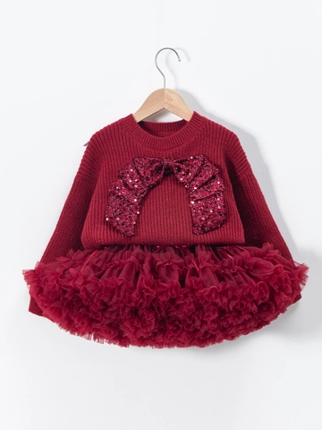 Outfit Festivo di Capodanno per Ragazze Maglione Rosso in Maglia Con Fiocco di Paillettes e Pompon Gonna Tutu in Rete Abbigliamento da Principessa