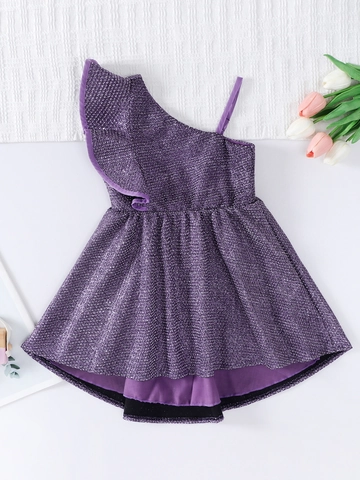Vestito da Ragazza Viola con Paillette Monospalla Volant Abito da Principessa per Banchetti Feste Esibizioni Abito High-Low per Bambini