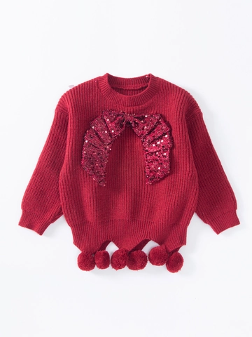 Outfit Festivo di Capodanno per Ragazze Maglione Rosso in Maglia Con Fiocco di Paillettes e Pompon Gonna Tutu in Rete Abbigliamento da Principessa
