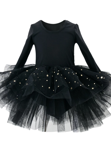 Robe Tutu de Ballet à Manches Longues pour Filles Paillettes Étoile Lune Maille Princesse Tenue de Danse Enfants
