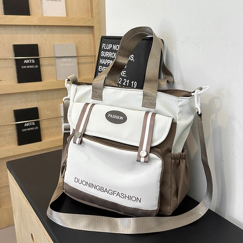 Large Capacity Canvas Color Block Tote Bag For Women Student School Messenger Bag Casual Multi-Pocket Shoulder Bag Adjustable