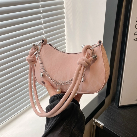 Borsa da Donna a Sella da Ascella Moda in Pelle PU con Motivo Marmo Catena Pendente in Perla Artificiale Tracolla a Nodo Piccola Borsa Trendy