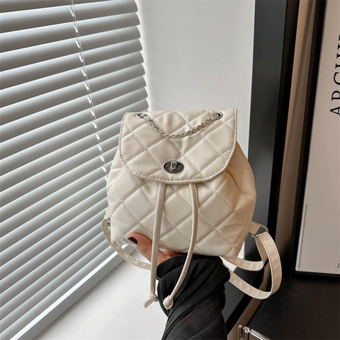 Zaino Mini Trapuntato da Donna in Pelle PU Motivo a Rombi Tracolla a Catena Coulisse Borsa Scuola Casual Moda Viaggio
