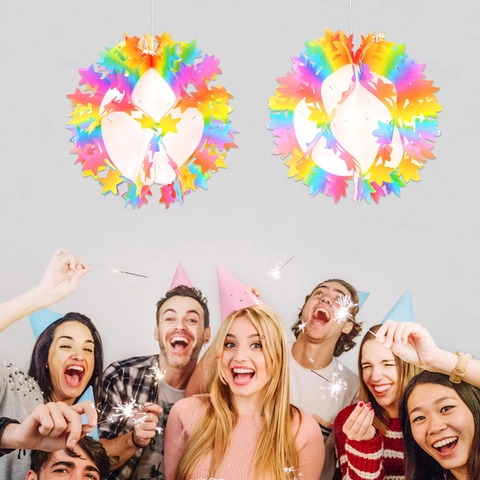 Bunte Macaron Regenbogen Laser PET Hängeornamente Wabenball Stern Herz Ahornblatt Für Hochzeit Party Decken Deko