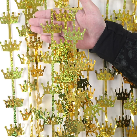 Holographic Crown Tinsel Fringe Curtain For Birthday Party Backdrop Laser Foil Door Curtain Celebration Decoration Party Backdrop
