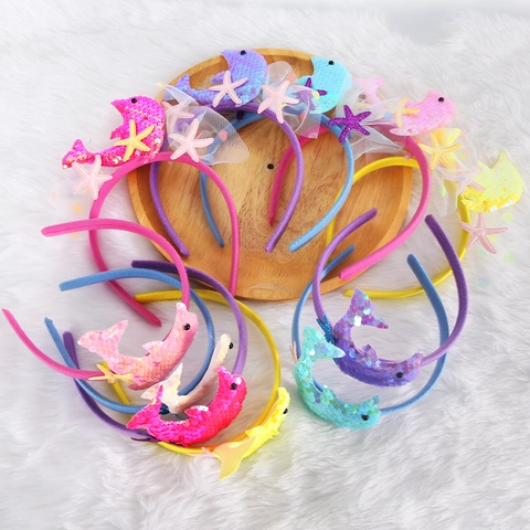 Cartoon Dolphin Starfish Sequin Headband For Girls Birthday Party Ocean Theme Mesh Bow Hair Hoop Kids Headwear Accessory