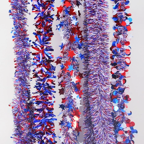 Ghirlanda di Tinsel Patriotica del Giorno dell'Indipendenza Rosso Bianco Blu Stella Paillettes Decorazione Appendibile per Festa del 4 Luglio Casa