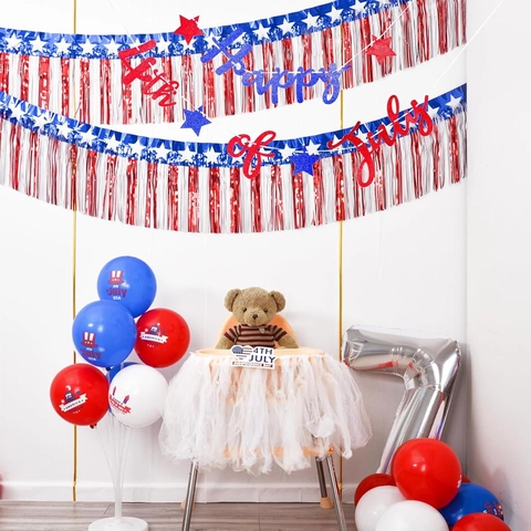 Independence Day Fringe Curtain Banner Stars And Stripes Red White Blue Tinsel Backdrop Party Decoration Patriotic Bunting