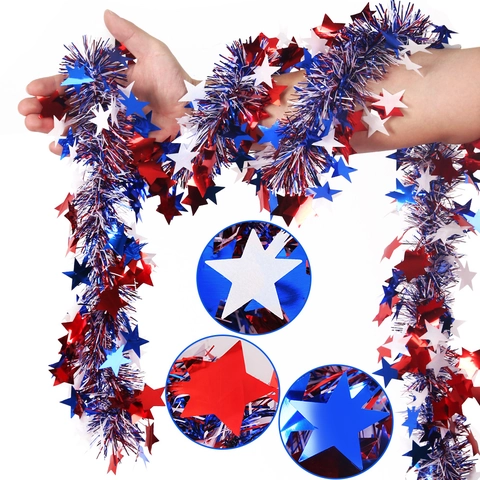 Giorno dell'Indipendenza Ghirlanda di Lametta Rosso Bianco Blu Decorazioni per Feste Patriottiche Con Stelle Ghirlanda di Lametta in Alluminio per il 4 Luglio