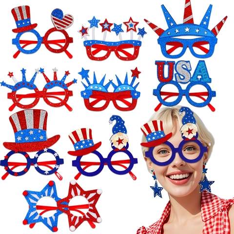 Occhiali da Festa Giorno dell'Indipendenza USA Patriottici Stelle Strisce Glitter Feltro Montatura per Occhiali per Celebrazione 4 Luglio Donna Uomo