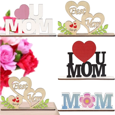 Mother's Day Wooden Ornament Heart Flower MOM Letter Tabletop Decoration Best Mom Ever Sign For Home Office Party Gift