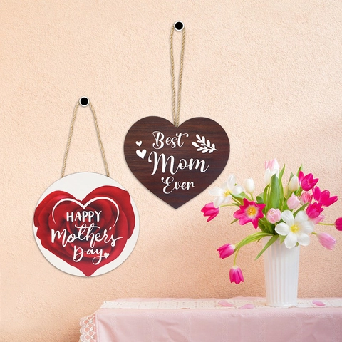 Targa Appesa in Legno Festa della Mamma Best Mom Ever Floreale Tondo Cuore Arredo Casa Caldo Arte Parete Regalo per Mamma