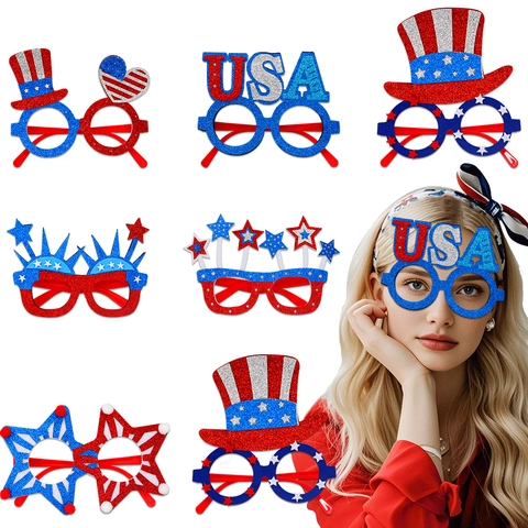 Occhiali da Festa Patriottici Giorno dell'Indipendenza USA Rosso Bianco Blu Glitter Stella Cilindro Occhiali per Celebrazione 4 Luglio
