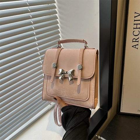 Women Bow PU Leather Small Square Bag Fashion Crossbody Handbag Multi-Functional Mini Backpack For Daily Street Style Trendy