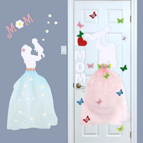 Decoración de Pared del Día de la Madre Silueta de Fieltro Madre Hijo Falda de Malla Lentejuelas Mariposa Corazón Adorno de Puerta