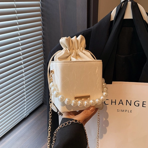 Women Mini Square Bucket Bag Elegant PU Leather Drawstring Handbag With Artificial Pearl Handle Metal Chain Shoulder Bag