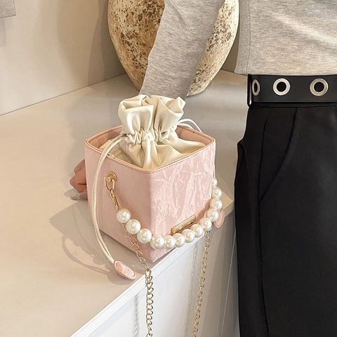 Women Mini Square Bucket Bag Elegant PU Leather Drawstring Handbag With Artificial Pearl Handle Metal Chain Shoulder Bag